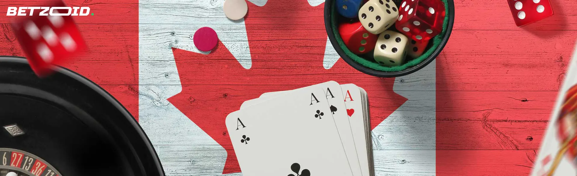 Playing cards, dice and roulette on the background of the flag of Canada.