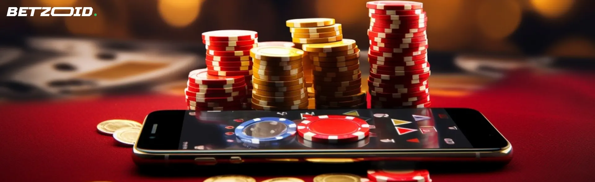 Fiches e monete da poker su smartphone con l'app del casinò a pagamento per telefono.