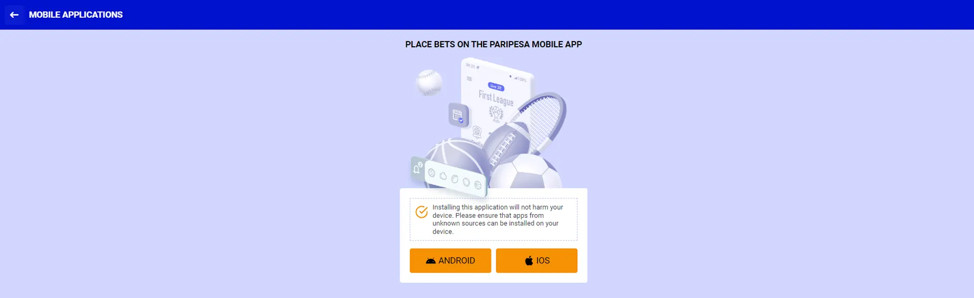 Page with applications on Android and iOS devices on PariPesa.