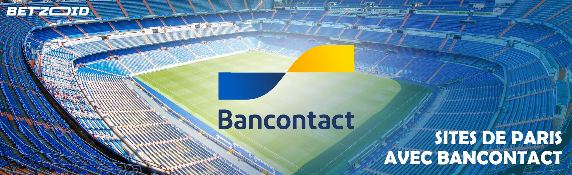 Le logo Bancontact sur fond de stade de football.
