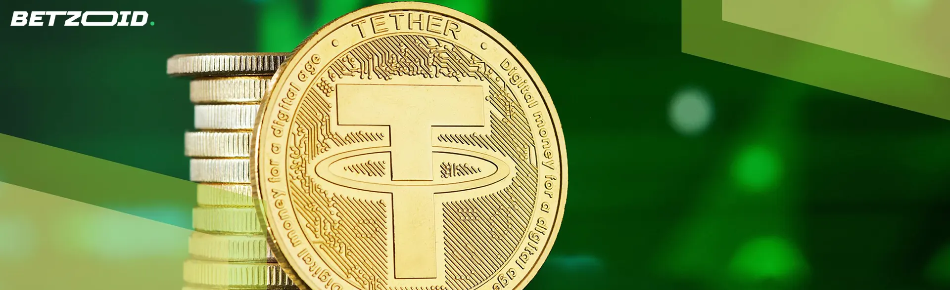 Des pièces de cryptomonnaie Tether sur un fond vert.