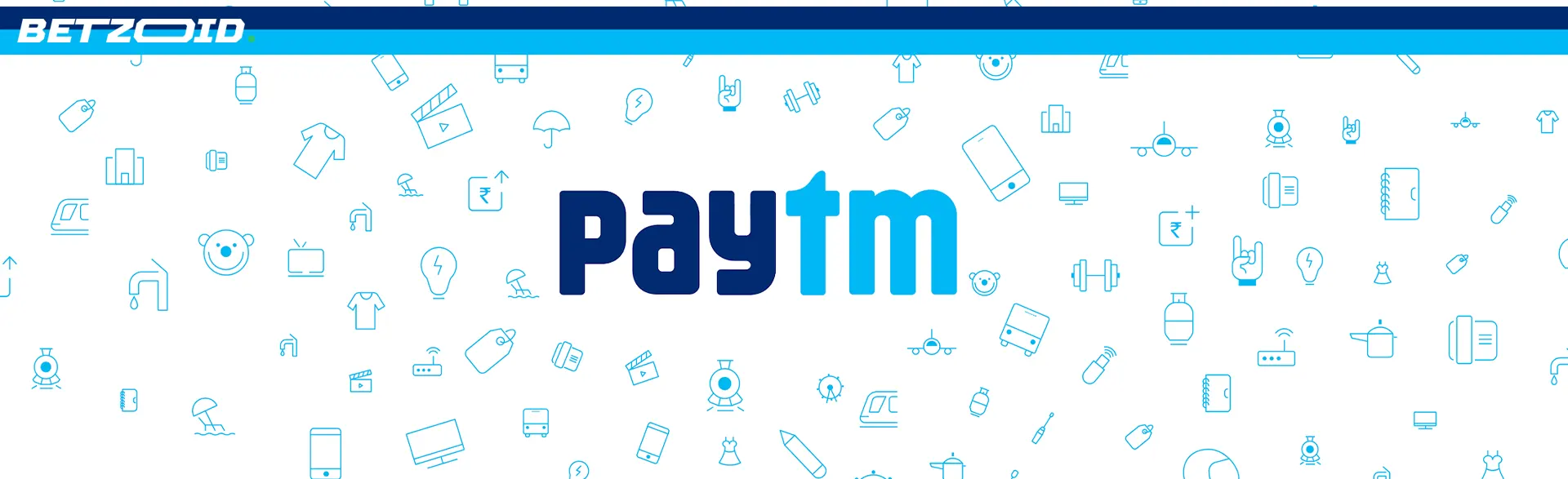 Paytm logo on a background of various icons.
