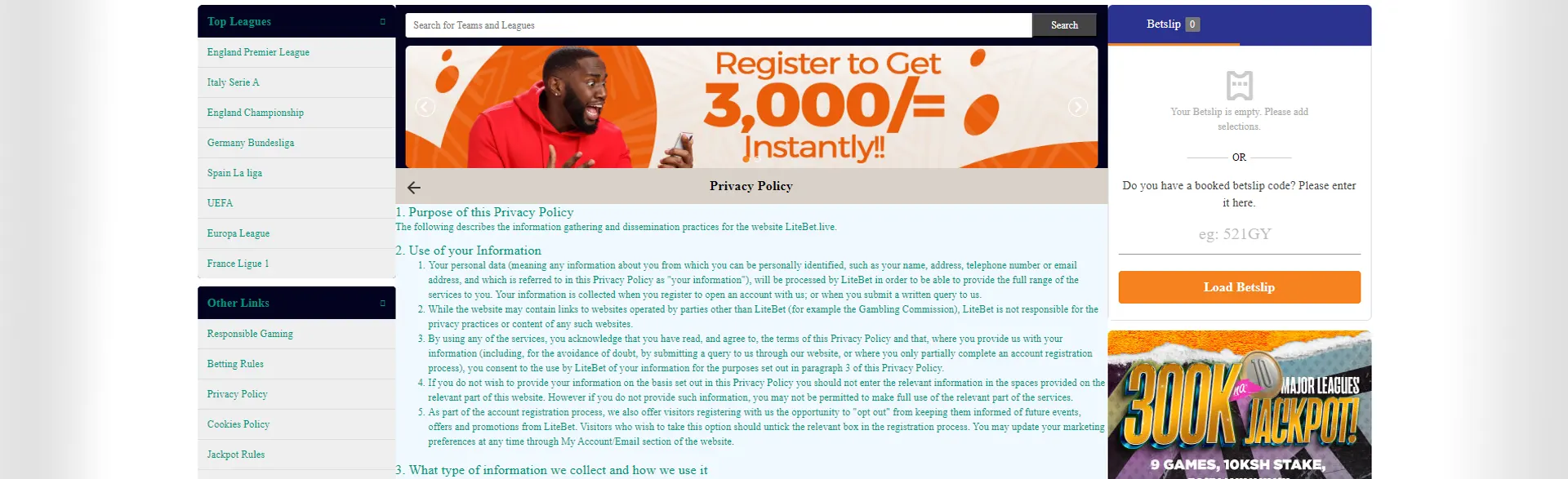 Privacy policy on the PesaBet betting site.