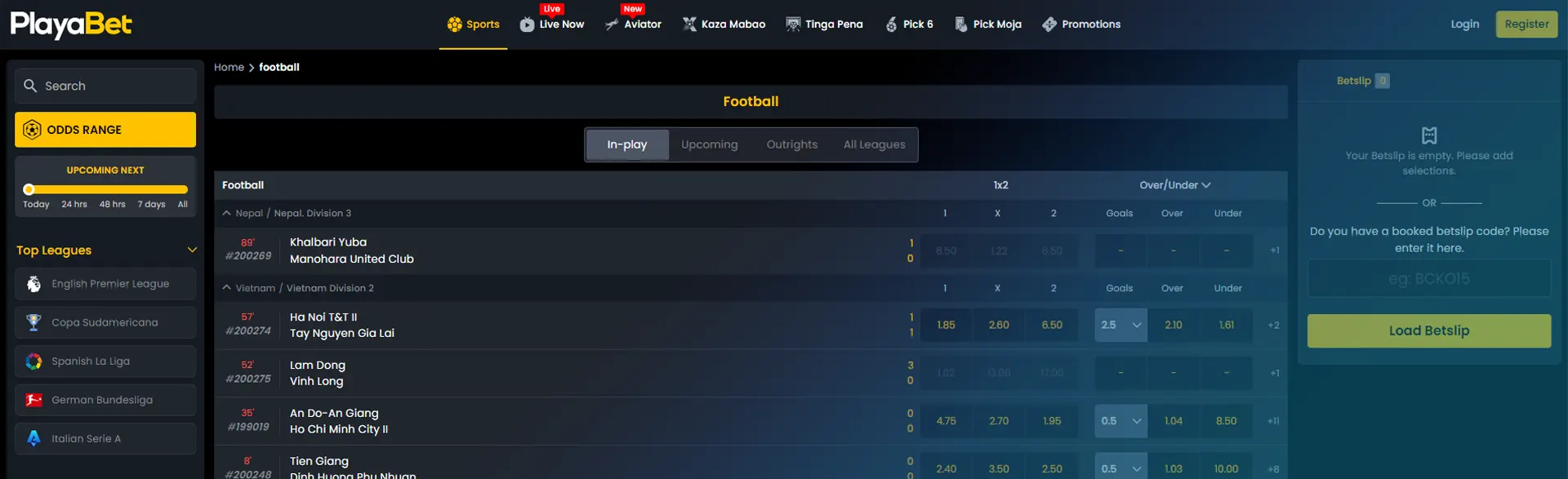 Page for betting on football matches on the Playabet betting site.