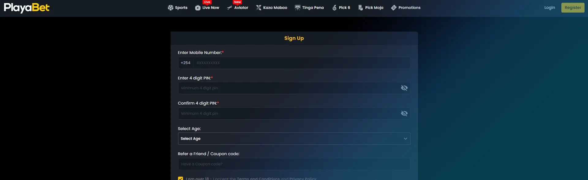 Page for registration on the Playbet betting site.