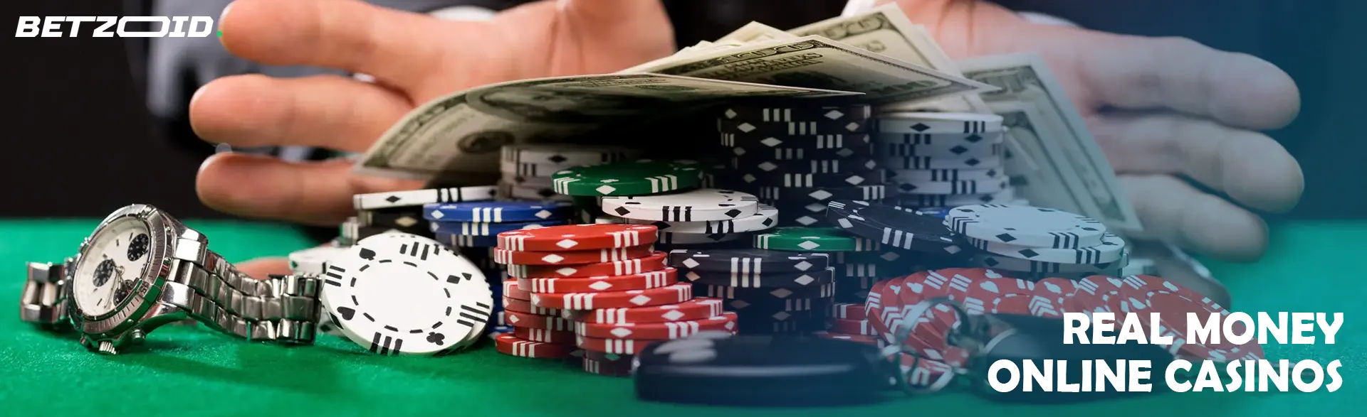 A pile of chips, money and a watch in the player'