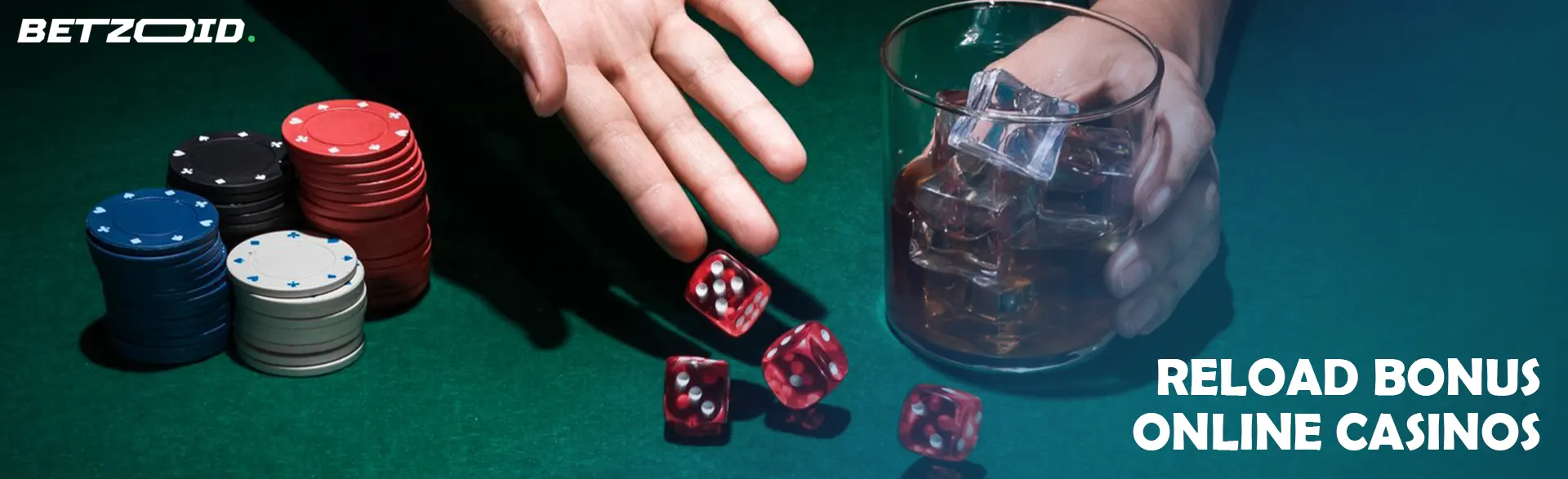 A player rolls dice next to casino chips and a drink in a glass.