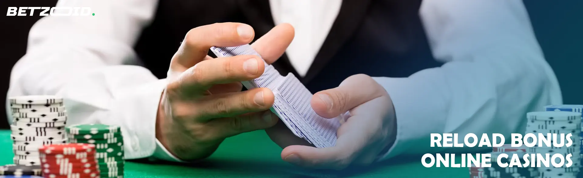 The croupier shuffles cards, stacks of chips are nearby.