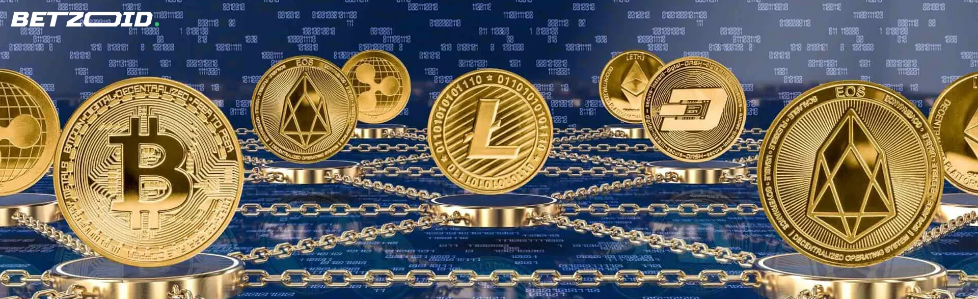 Coins of different cryptocurrencies are linked by chains.