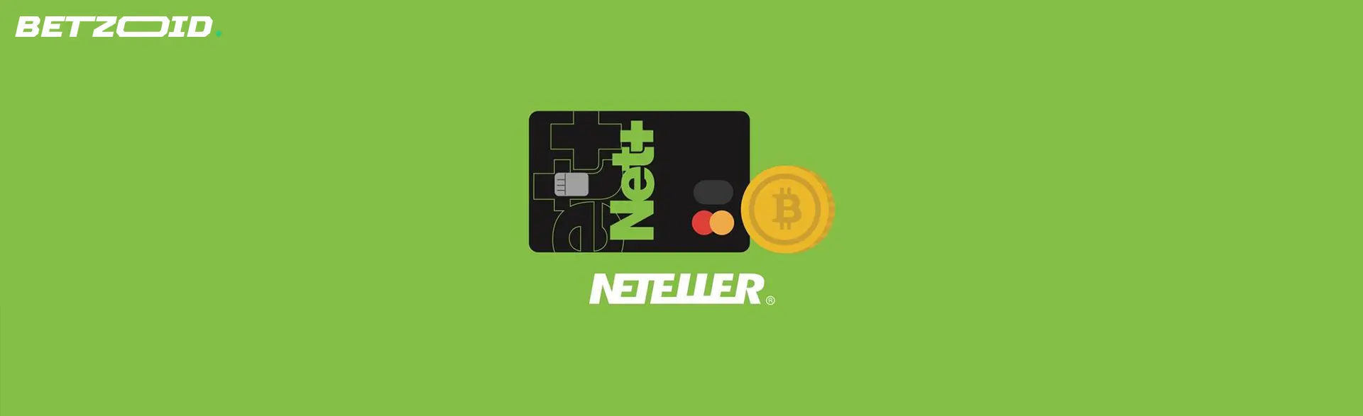 Tarjeta Neteller y bitcoin sobre fondo verde.