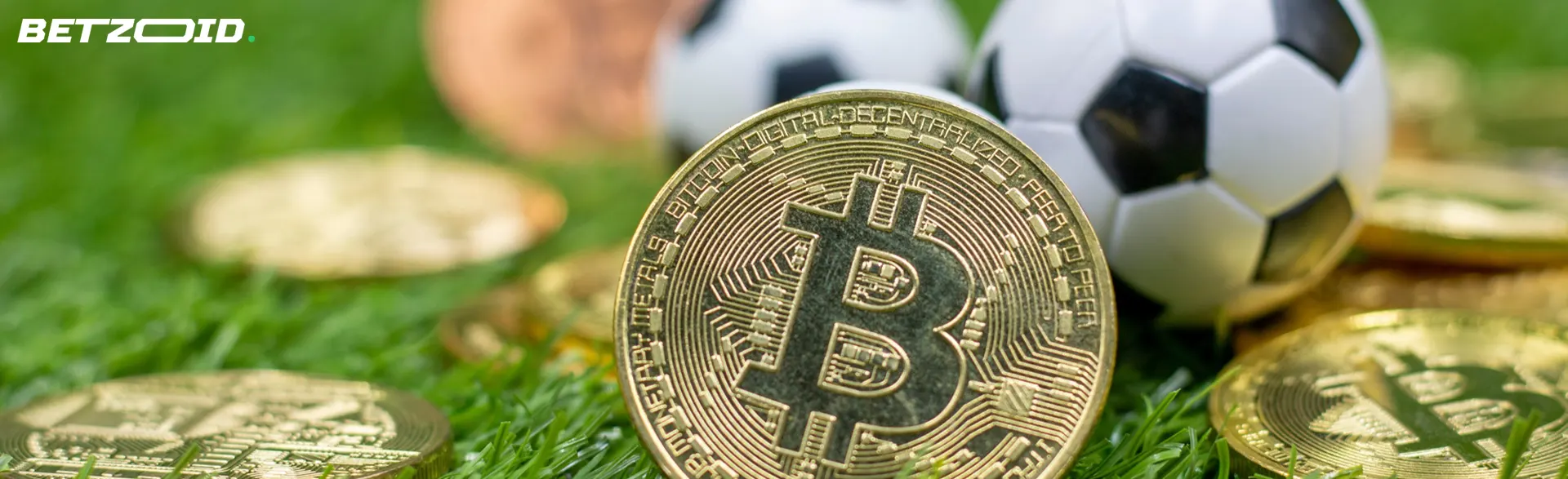 Moneta Bitcoin con palloni da calcio.