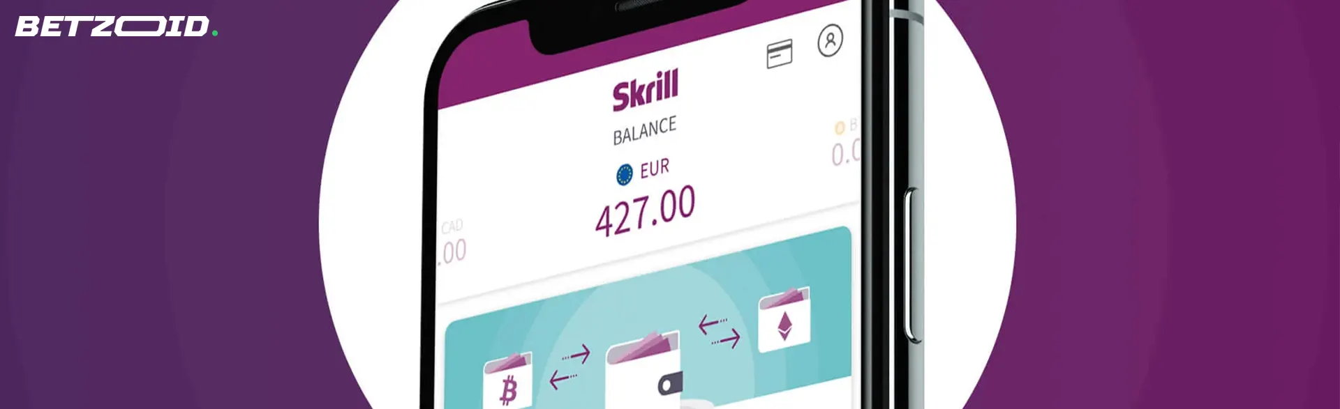 Smartphone with Skrill app on screen.