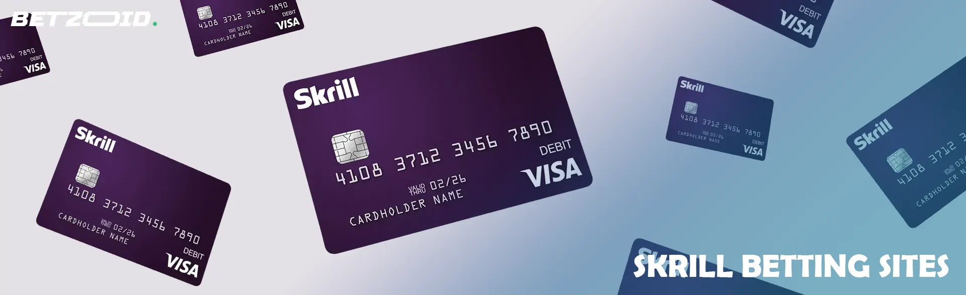 Skrill cards on a light background.