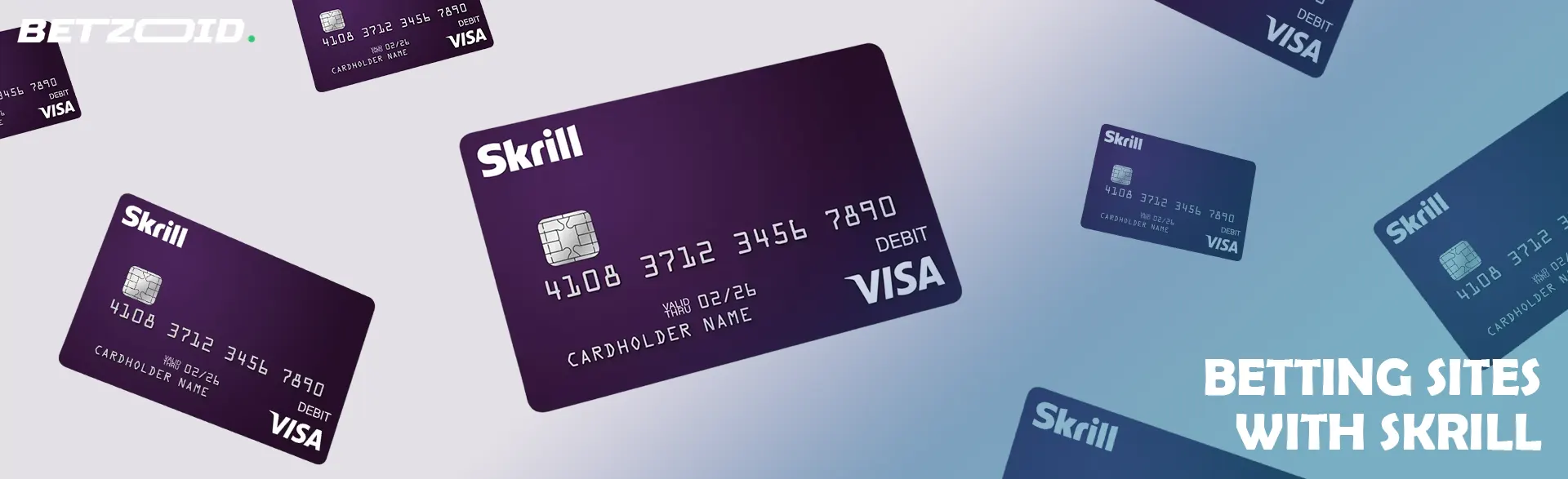 Several Skrill cards on a purple background.