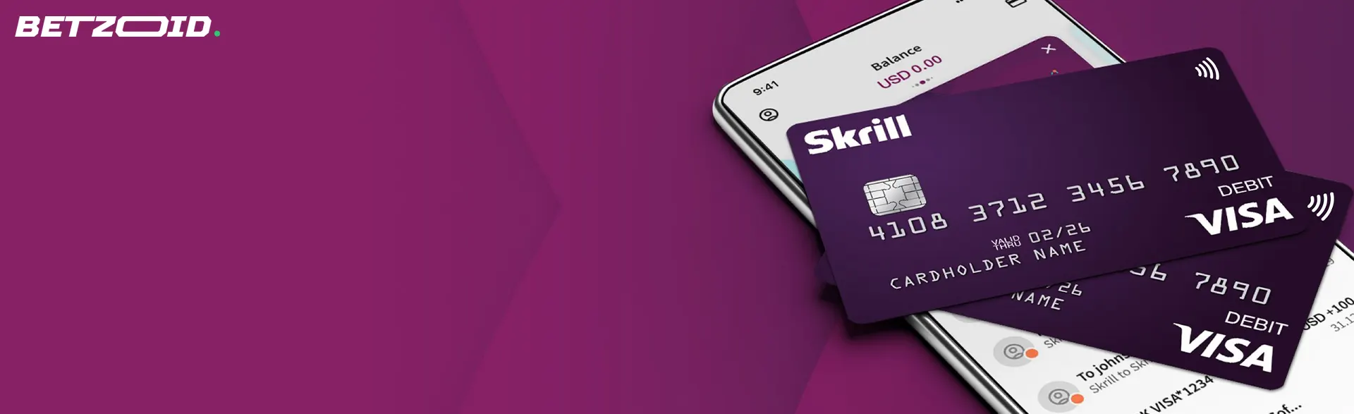 Skrill cards are lying on the smartphone screen.