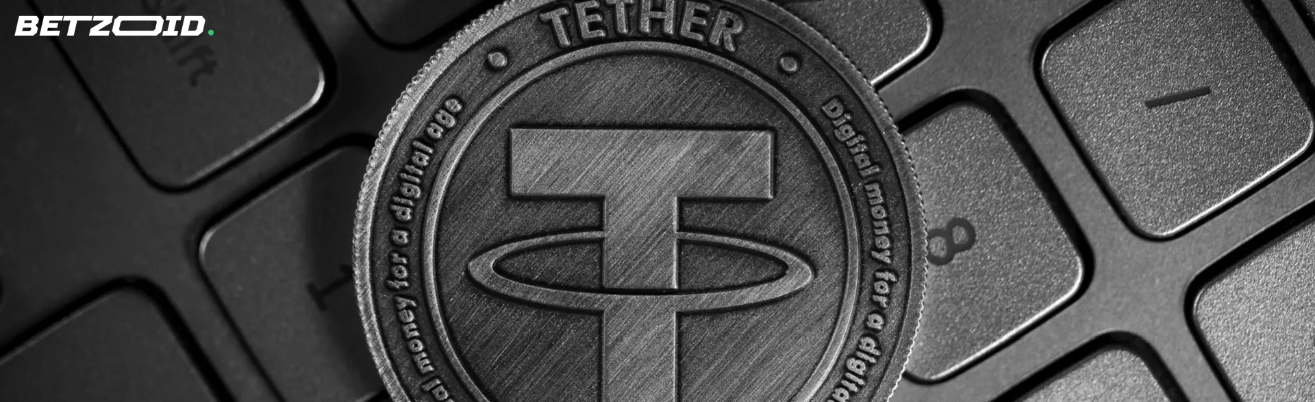 A Tether coin lies on the keyboard.
