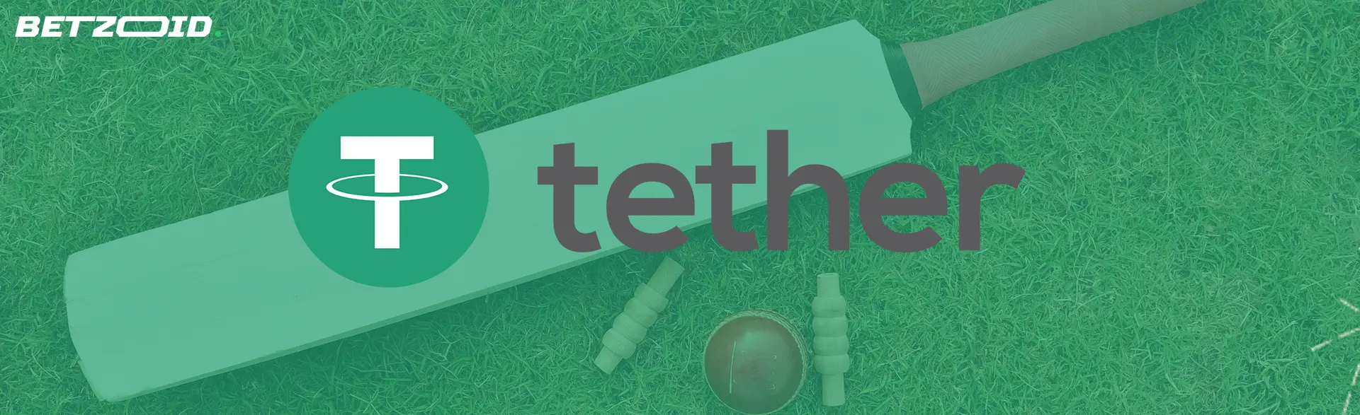 Tether logo on a cricket bat and ball background.