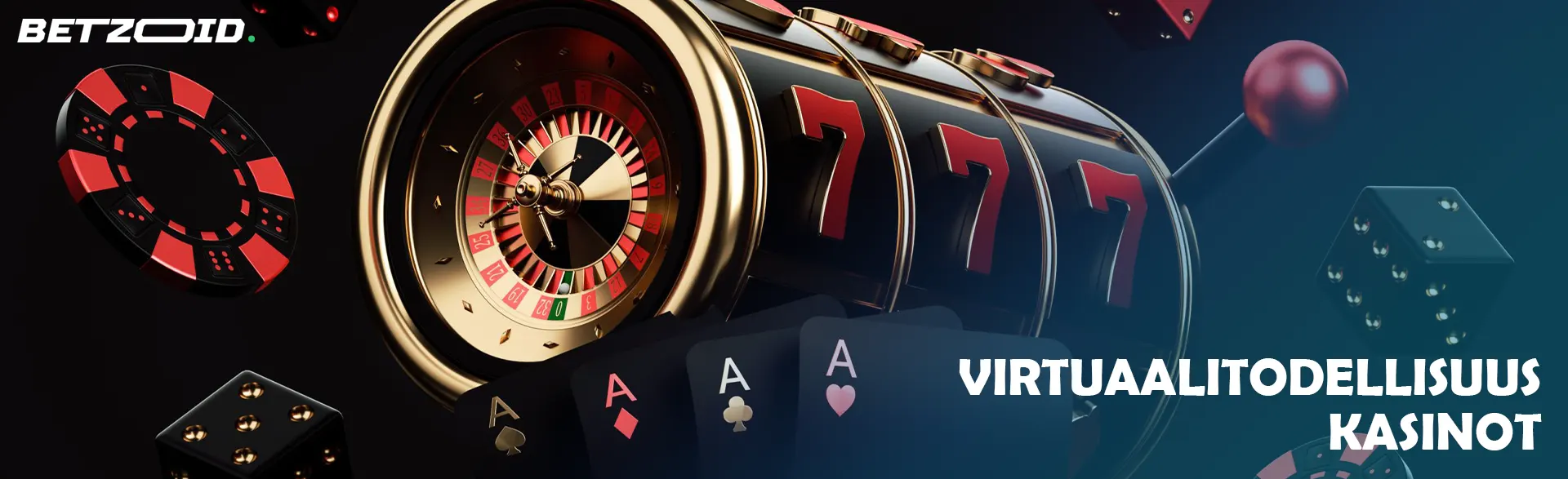 Virtuaalinen peliautomaatti pelimerkkien, noppien ja korttien vieressä.