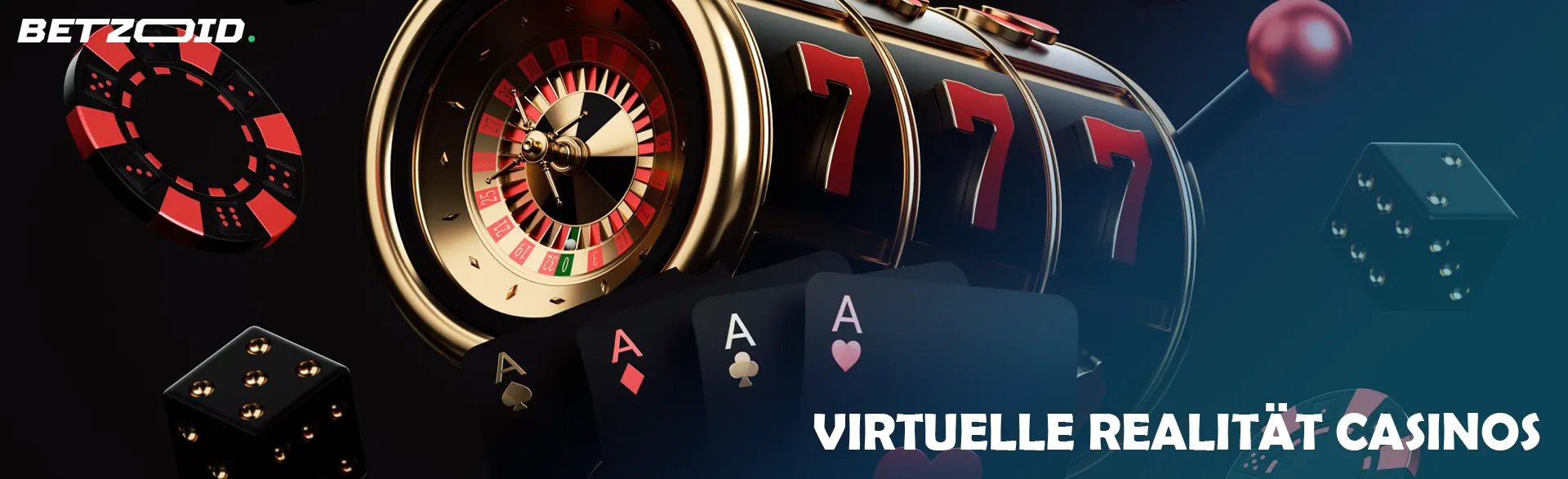 Ein virtueller Spielautomat neben Chips, Karten und Würfeln.