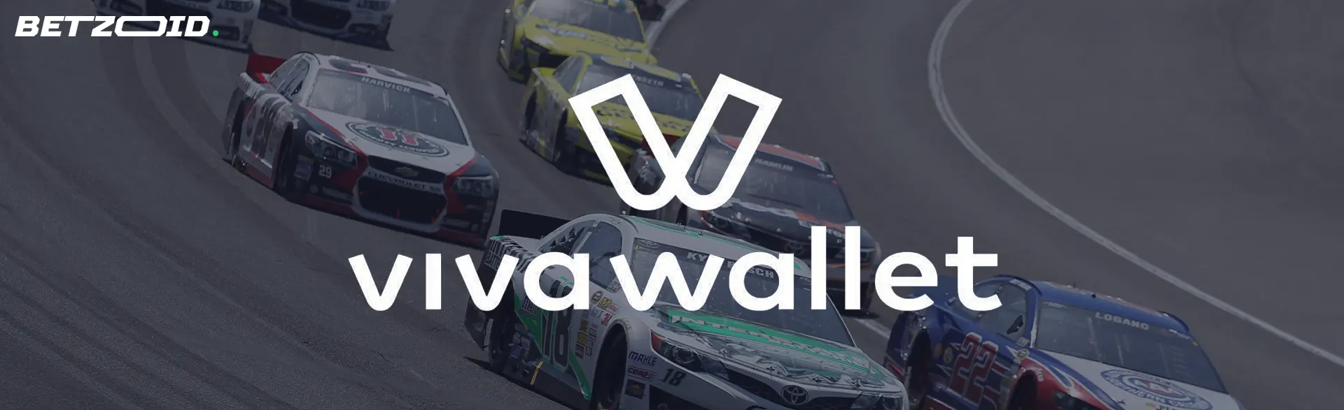 Λογότυπο της Viva Wallet σε φόντο αγωνιστικών αυτοκινήτων.