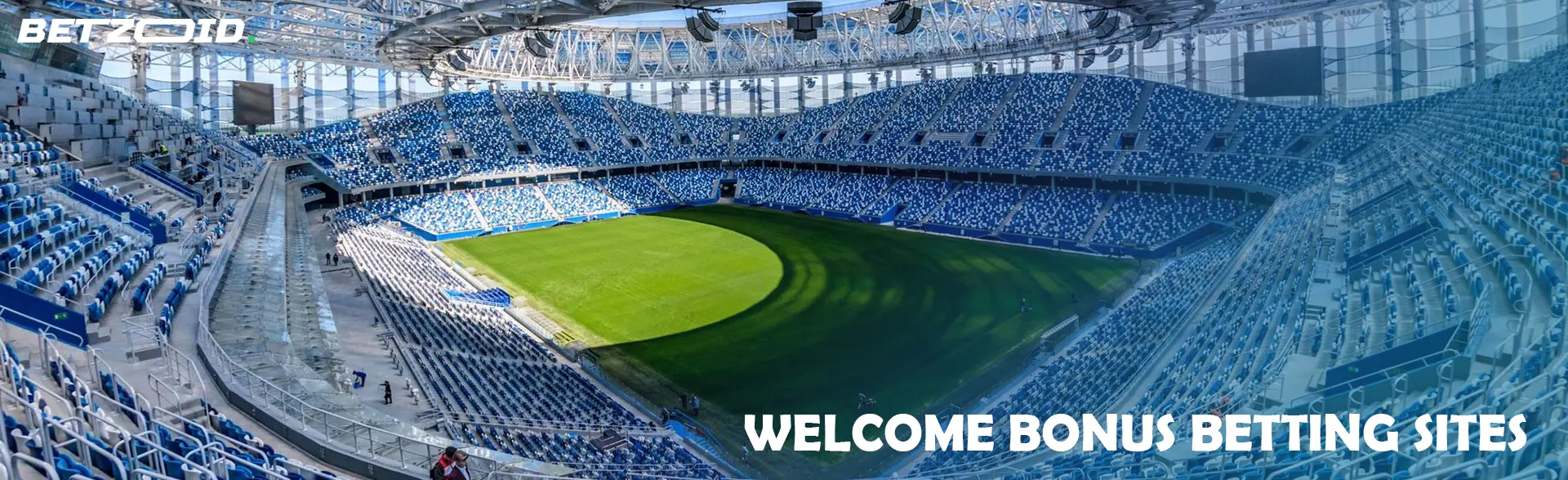 Modern stadium with blue and white seats.