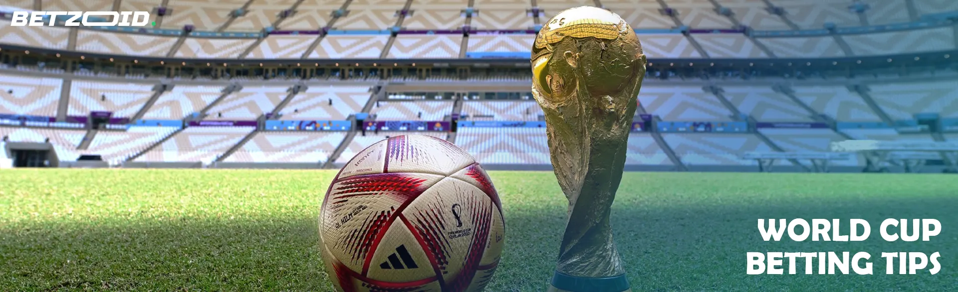 Soccer ball and world cup in the stadium.